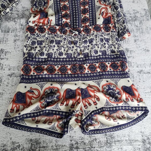 Love Bonito Blue White Red Elephant Boho Pathyia Romper Playsuit Shorts - Picture 5 of 15